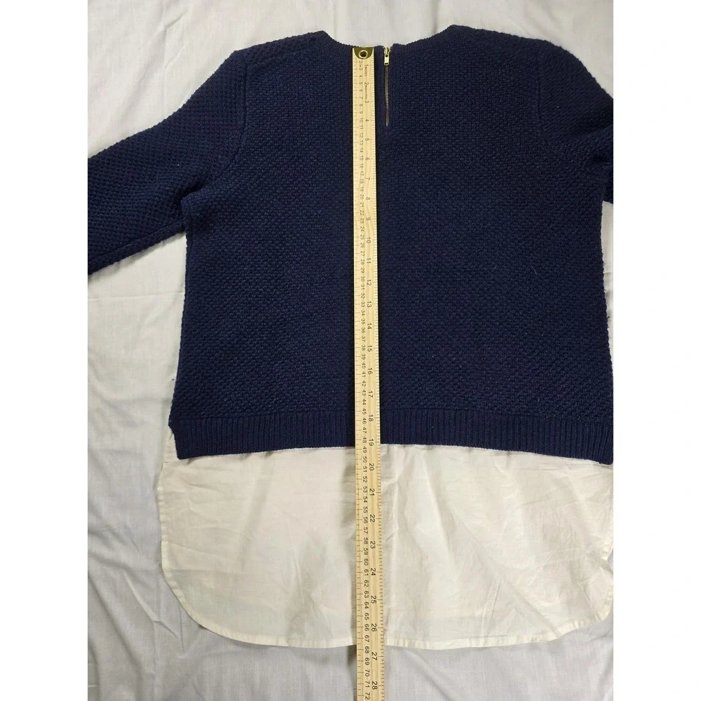 J.Crew Sweater Womens Small Navy Wool Shirttail Hem‎ Back Zip Layered Crewneck